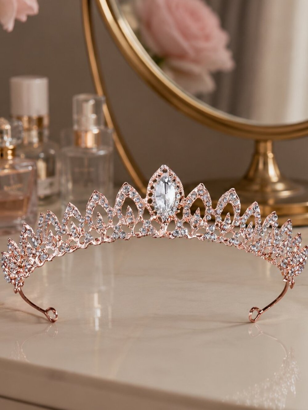 Rose Gold Rhinestone Tiara Crown for Women